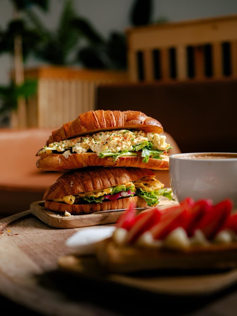 Croissant sandwiches en bandeja con café